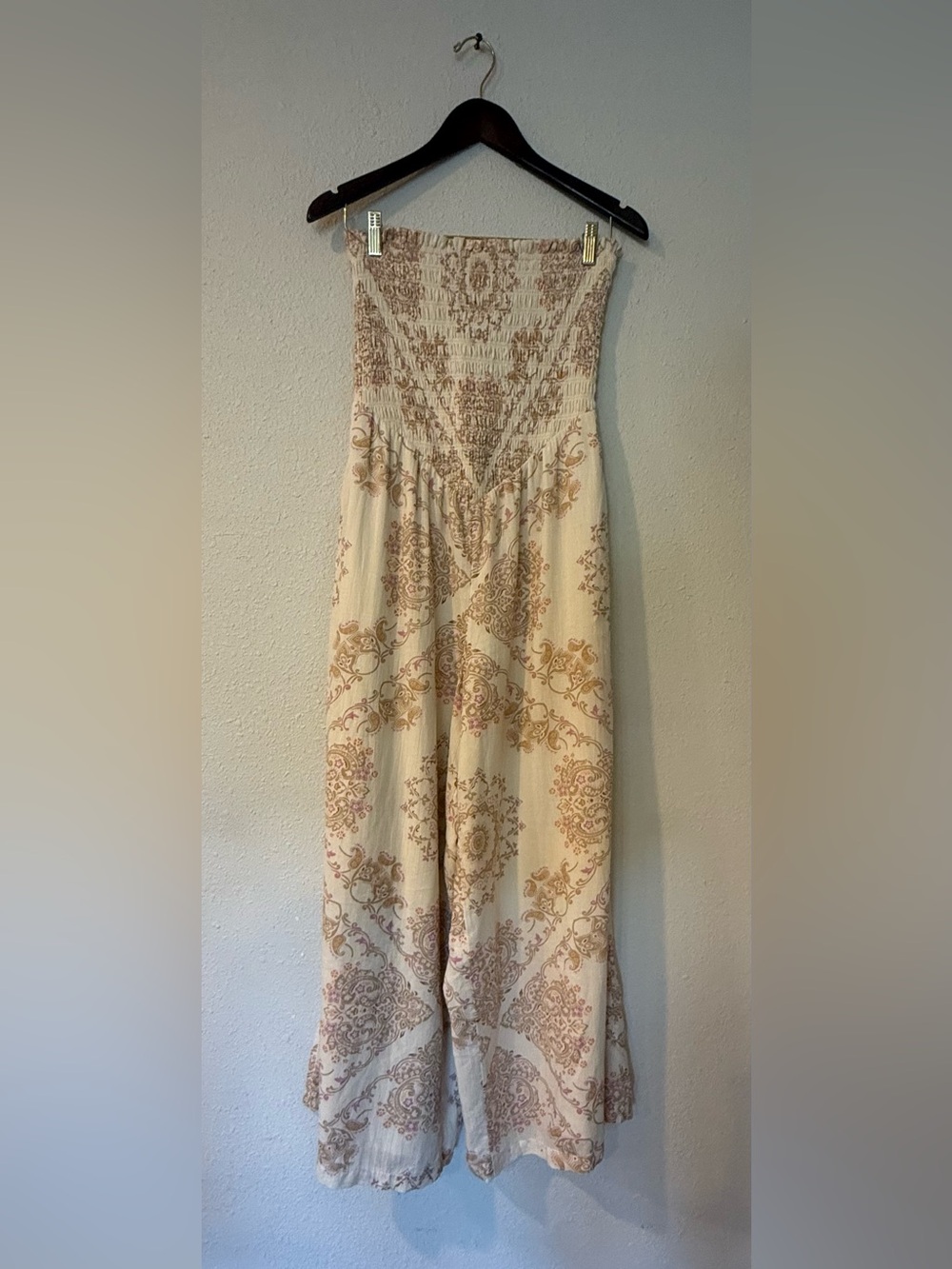 American Eagle Strapless Smocked Wide Leg Jumpsuit Boho Print Size M